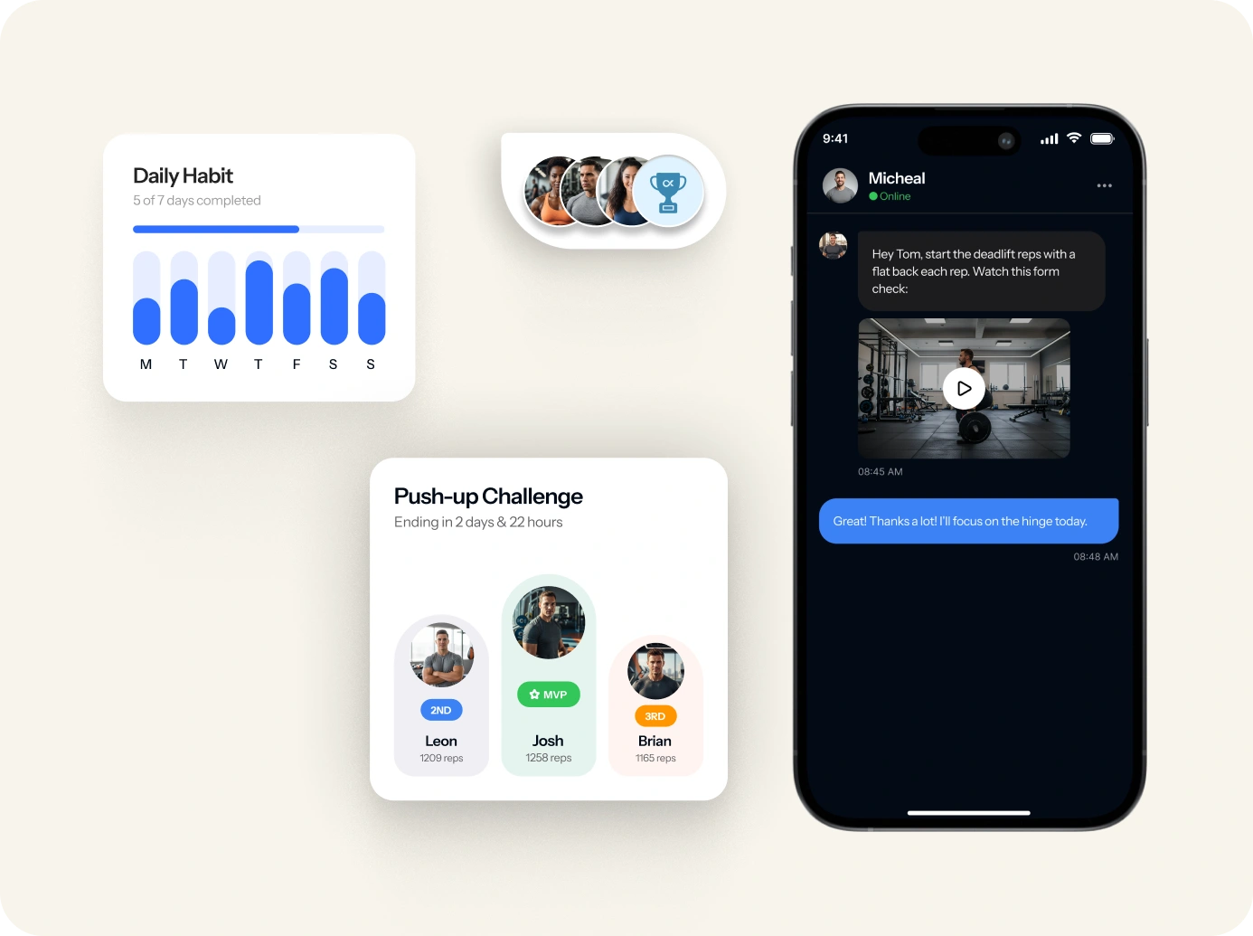Build a full training week in minutes. Add meal plans from an exclusive recipe library. Check-ins, progress and messages in one place so nothing slips.